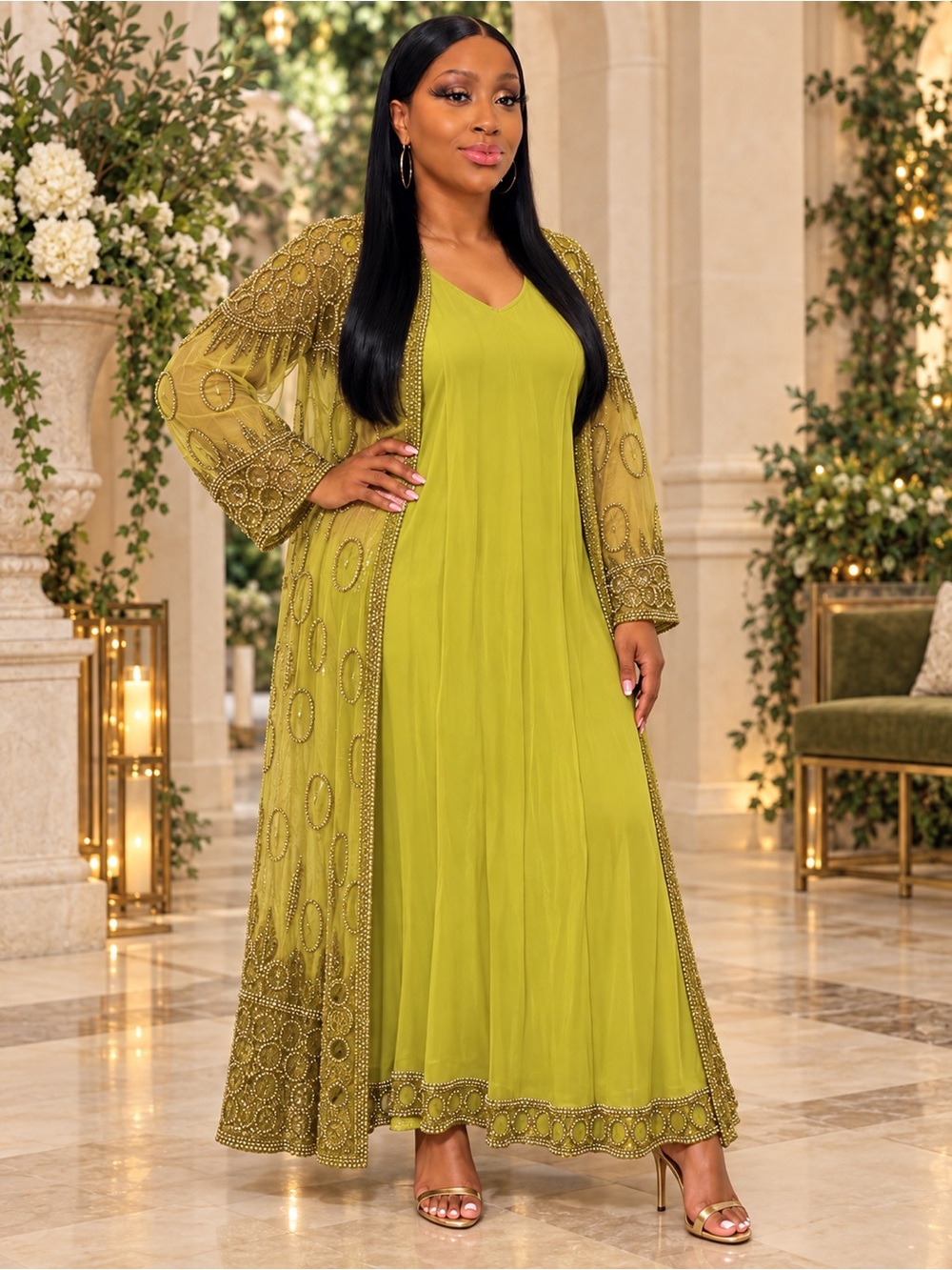 Olive Green Embellished Maxi Dress with Coordinating Duster